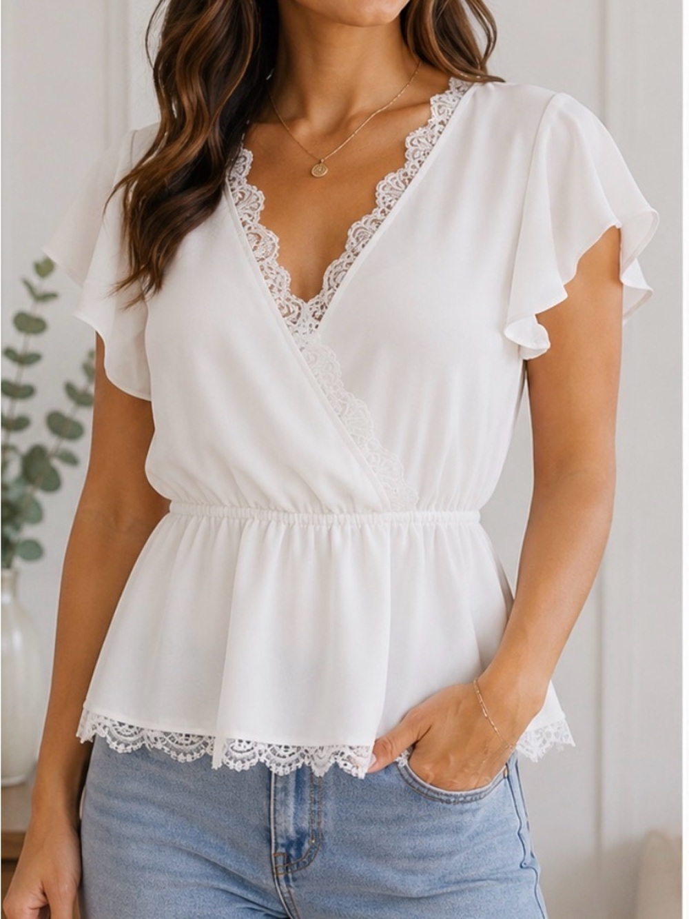 The Limited PM white V neck wrap style lace trim flounce sleeve blouse classic